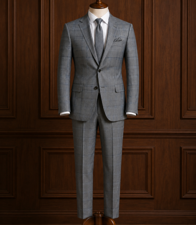 Cavalero Suiting Fabric - Grey Windowpane Super 130's