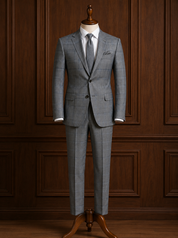 Cavalero Suiting Fabric - Grey Windowpane Super 130's