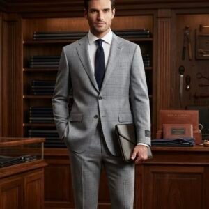 Grey Check Wool Suiting Fabric