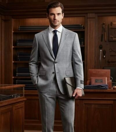Grey Check Wool Suiting Fabric