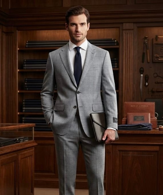 Grey Check Wool Suiting Fabric